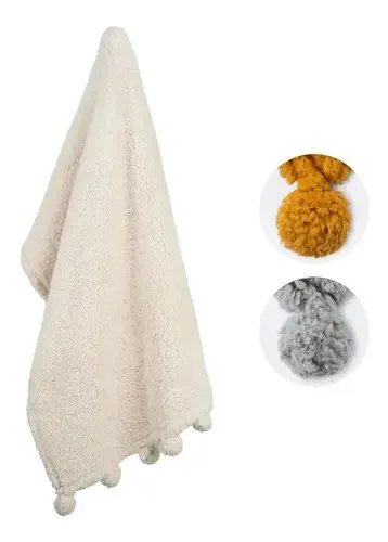 Cobertor de ovelha com pompons - Eskimo Color Zoe (bege)