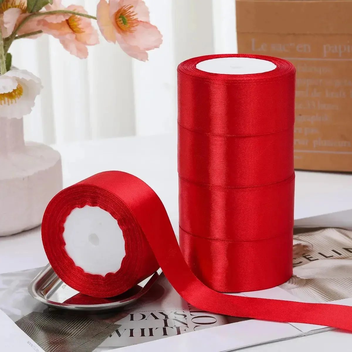 5 rolos de cetim para decoração colorida, cetim, 4 cm, cor de terracota