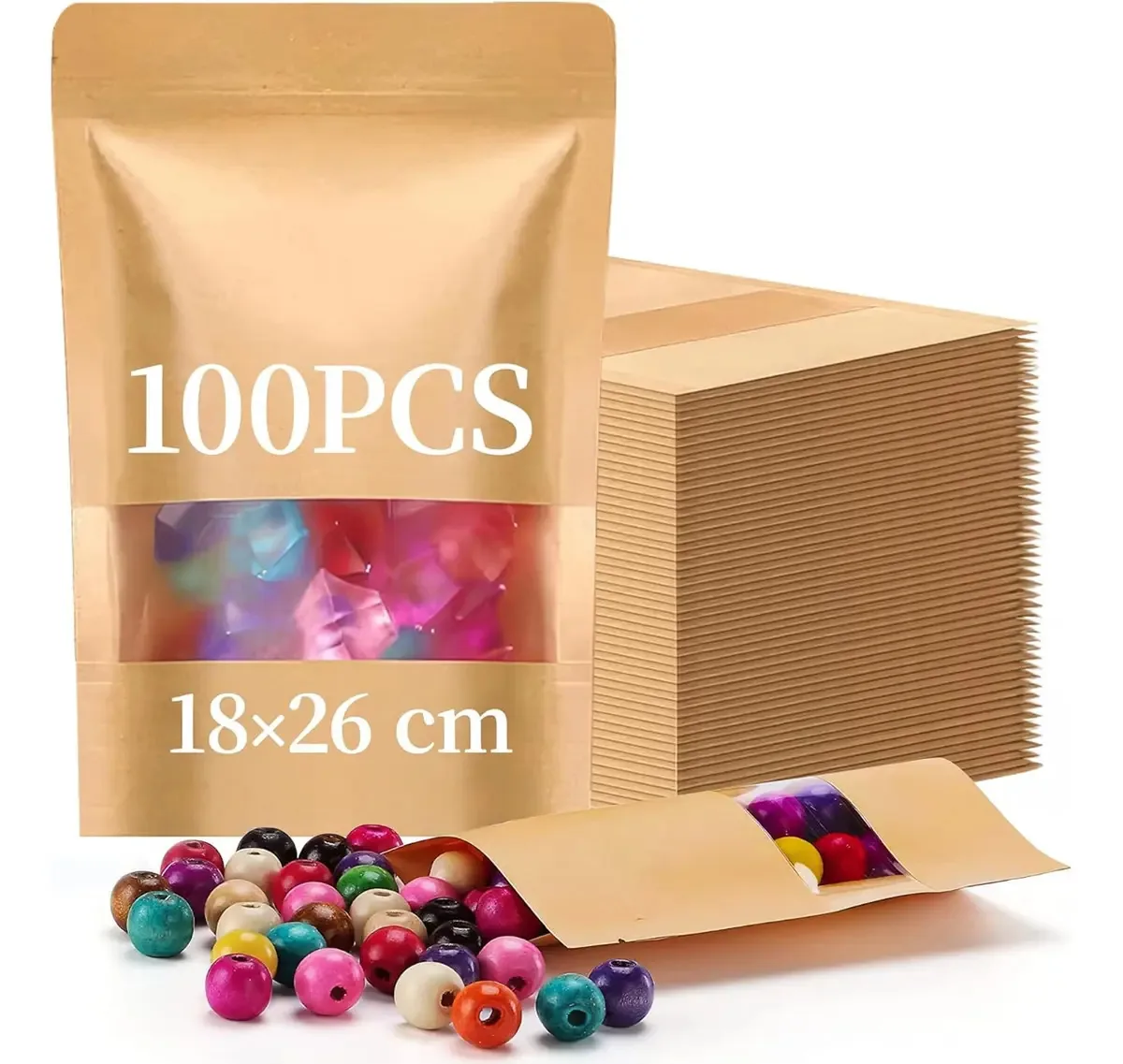 Sacos de papel Kraft de 100 peças, bolsa Kraft com zíper, janela para pés, zíper, para doces, acessórios e lanches (100 sacos de 18 x 26 cm)