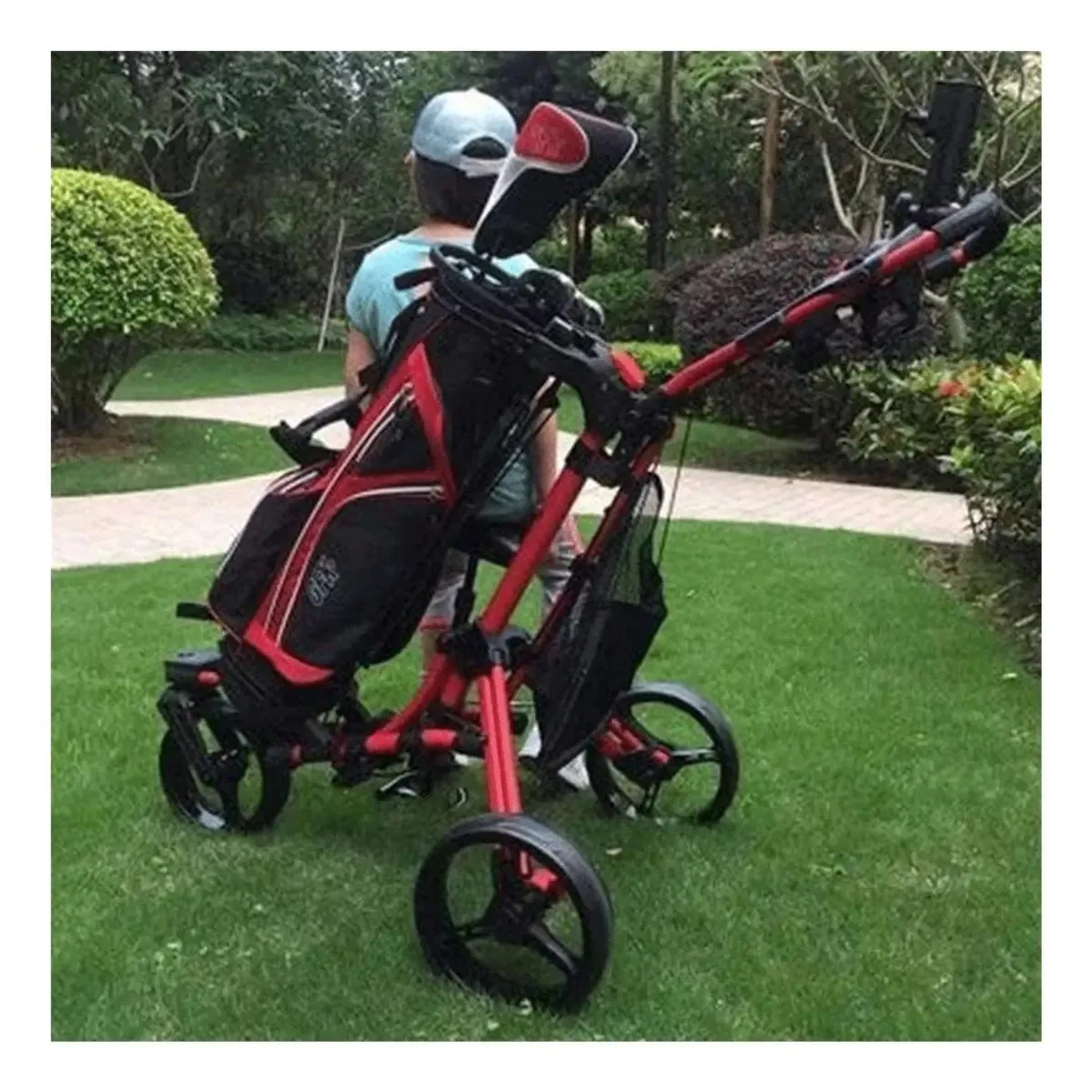 Carrinho de Golfe Dobrável com Guarda-Chuva, Marcador de Pontuação do Assento, Freio de Pé, Suporte para Guarda-Chuva, Carrinho de Golfe com Abertura e Fechamento com Um Clique