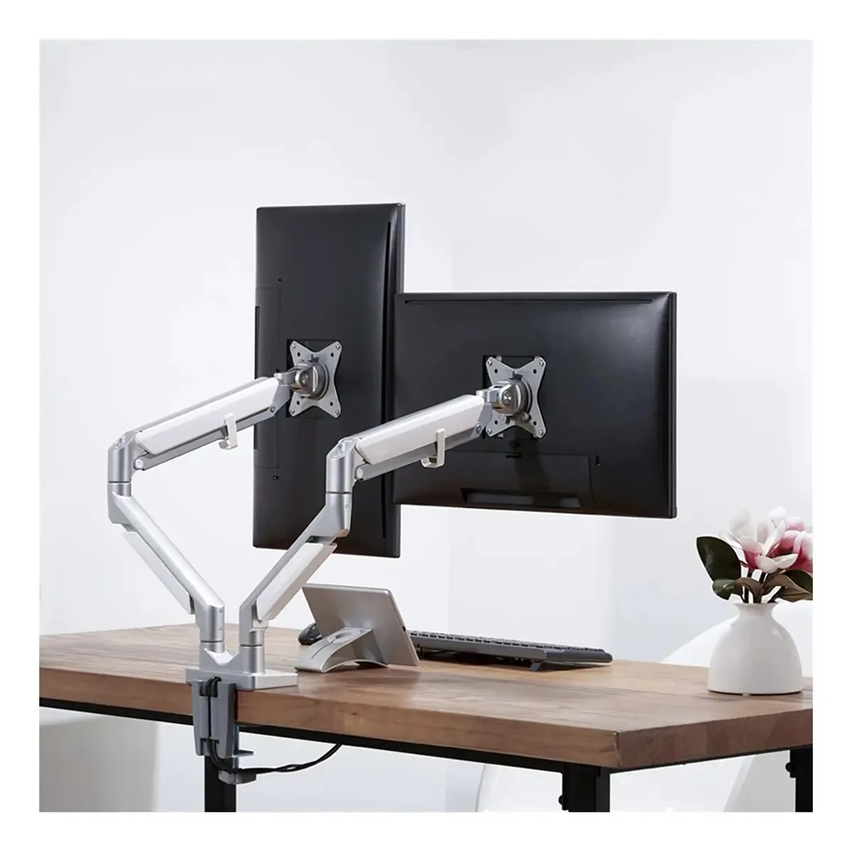 Suporte de Monitores Suporte de Mesa para Monitor Duplo com Interface USB Suporte para Monitor com Braçadeira em C e Base com Passador para Braço de Monitor de 17``-32'' Tamanho do Braço do...