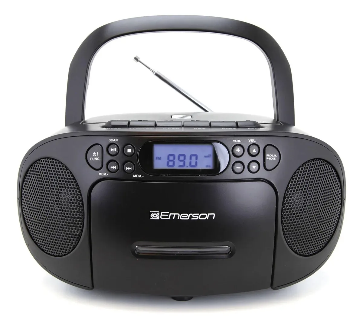 Emerson - Leitor de CD portátil com toca-fitas, gravador, rádio AM/FM, auxiliar, fone de ouvido, alto-falantes duplos, operado por AC/DC e bateria, sistema estéreo para