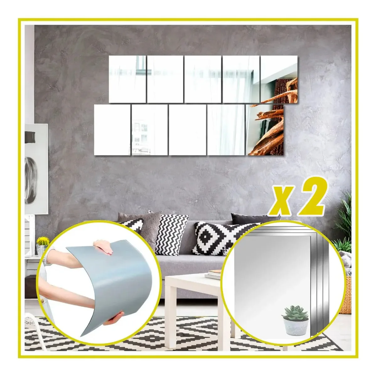 Pacote X2: espelhos autoadesivos retangulares de acrílico, 30x40, moldura sem moldura