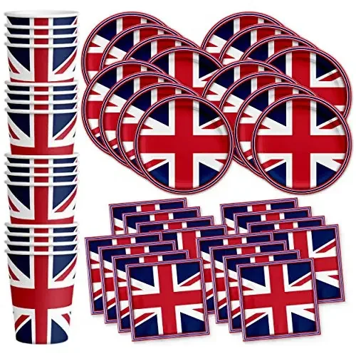 Conjunto de Suprimentos para Festa de Aniversário com Bandeira Britânica do Reino Unido, Pratos, Guardanapos, Copos, Talheres para 16 Unidades