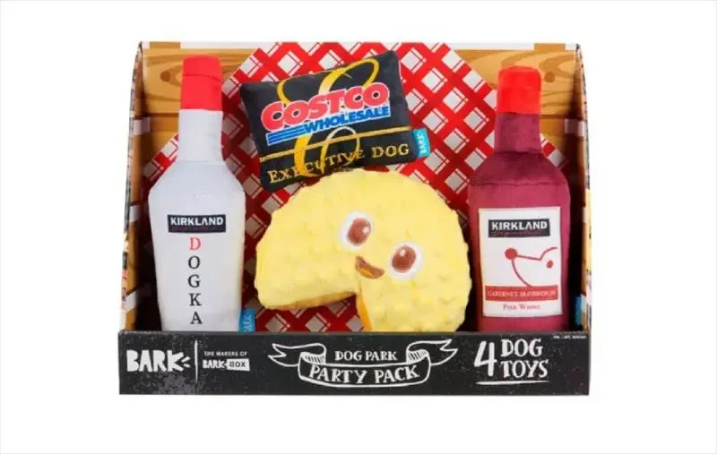 Pacote de festas Bark Costco — 4 brinquedos para cães, vodka, cartão de sócio, vinho e pagamento
