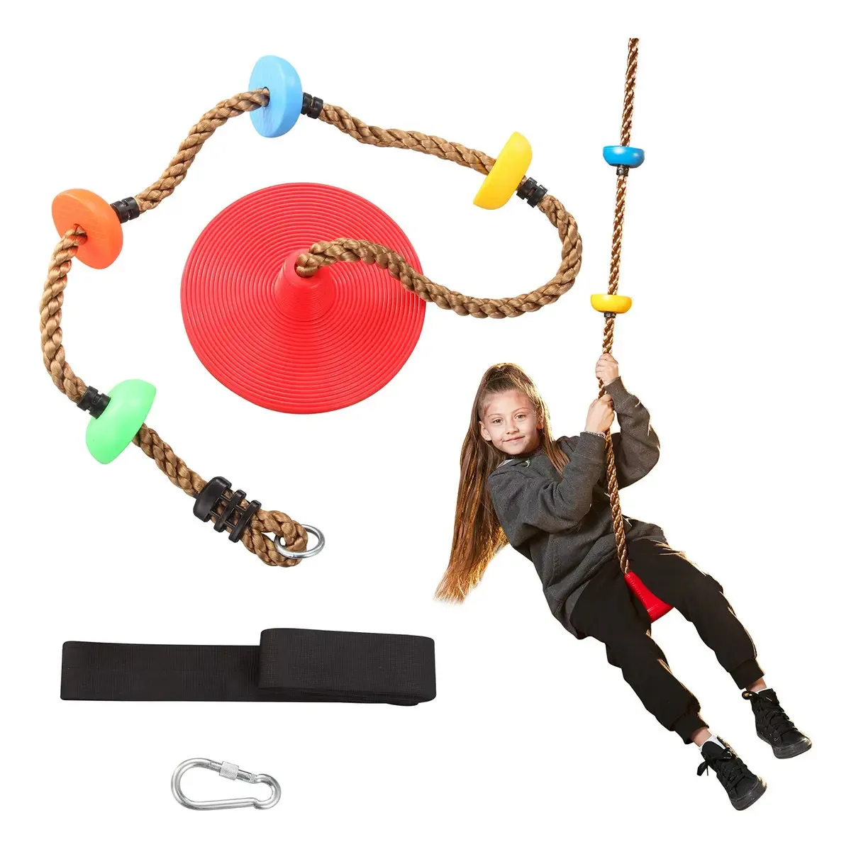 Turfee Tree Swing para crianças, corda de escalada Ultimate Intervention, mosquetão e alça de árvore de 4 pés, acessórios de playground, assento giratório multicolorido
