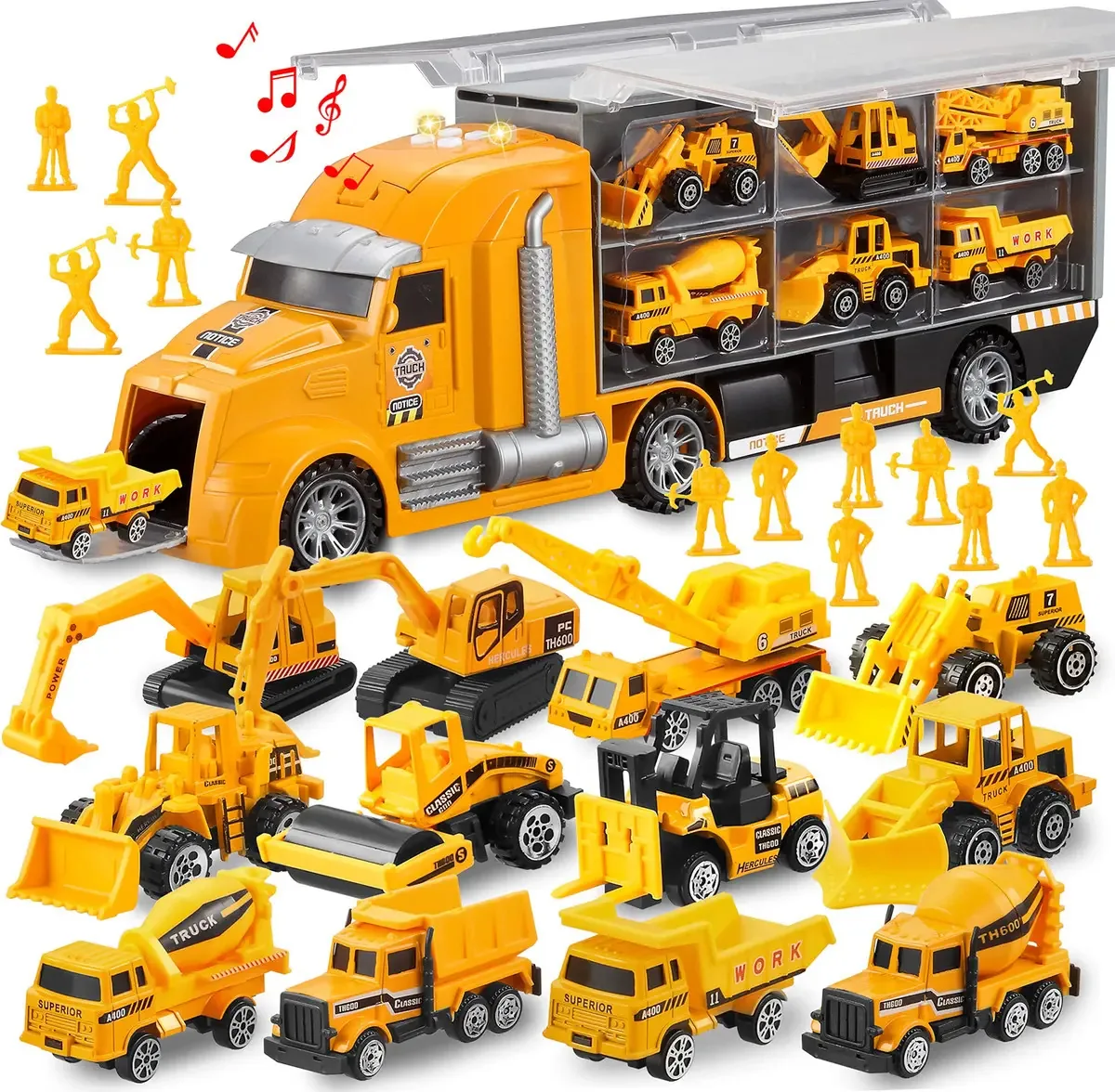 Joyin - Conjunto de Veículos de Construção 25 em 1, Conjunto de Veículos de Brinquedo com Sons e Luzes no Caminhão Transportador, Carro de Brinquedo para Empurrar e Levar, Para Crianças Acima de 3...