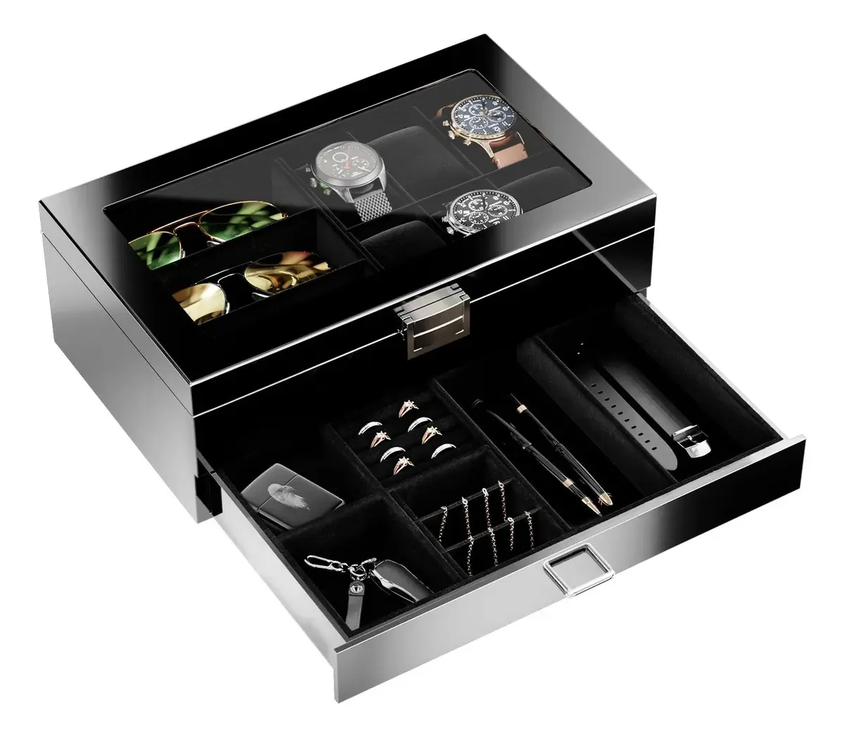 Caixa de madeira Procase 35 x 21 x 13 cm organizador de 2 camadas para relógios joias e óculos com tampa de vidro transparente cor preto
