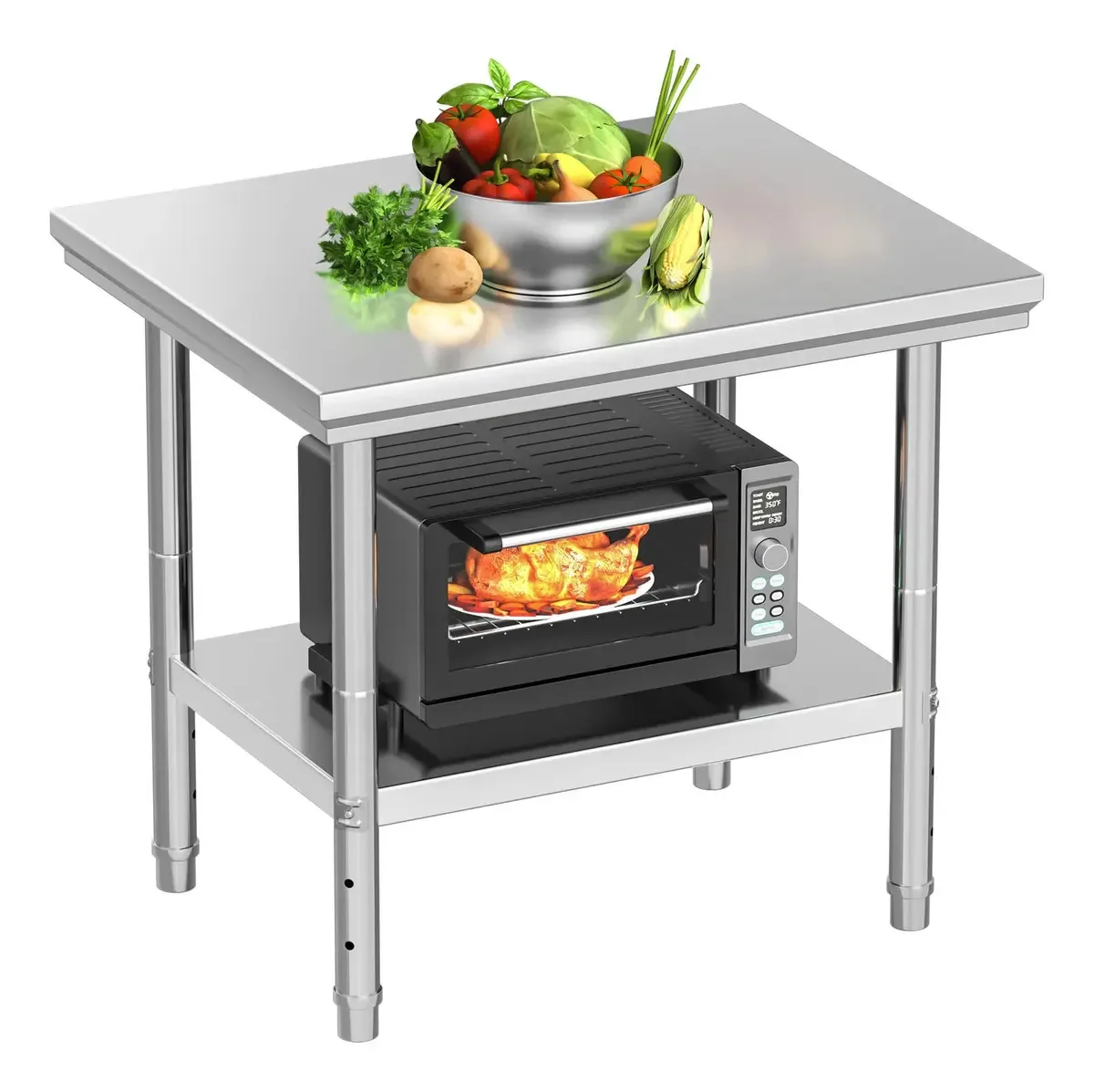 Mesa de trabalho de aço inoxidável com 2 prateleiras para cozinha