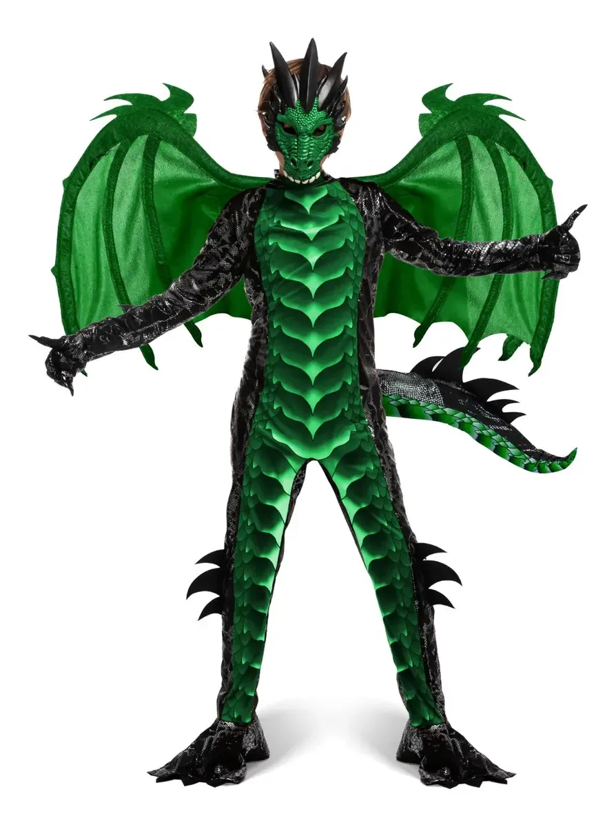 Fantasia de dragão infantil de Halloween com asas, cauda e máscara