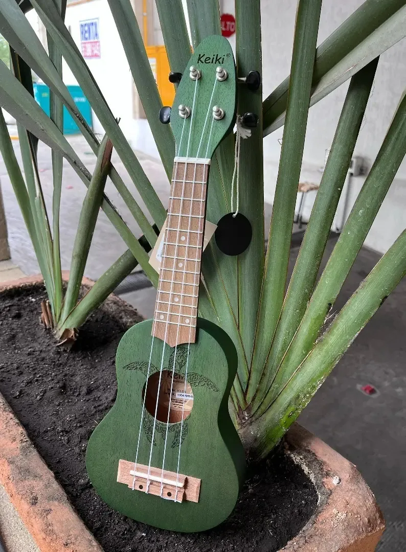 Guitarras Keiki Ortega e ukulele soprano acústico verde Plumillas
