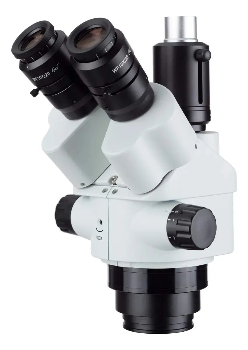 Microscópio estereoscópico trinocular de zoom contínuo 7x-45x