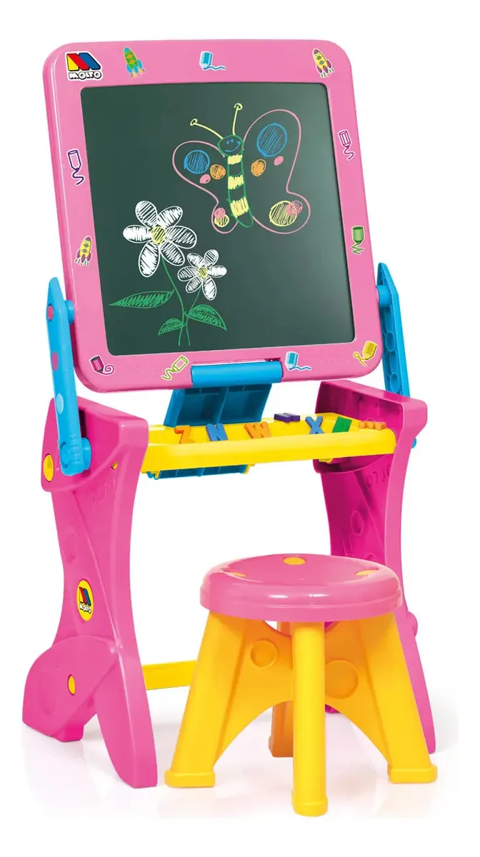 Quadro branco 2 em 1 e mesa com banco e acessórios da marca Molto Color Bubble Gum
