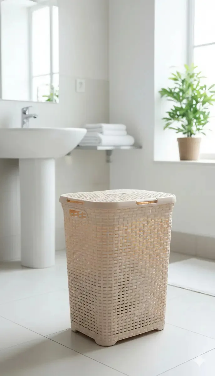 Cesto de roupa suja de vime de 60 litros com tampa bege