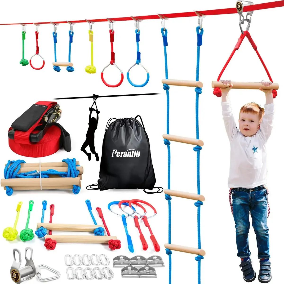 Perantlb Ninja Slackline Slackline 60 pés com fecho deslizante, pista de obstáculos Ninja Warrior para crianças com 8 acessórios, protetor de árvores e bolsa de transporte