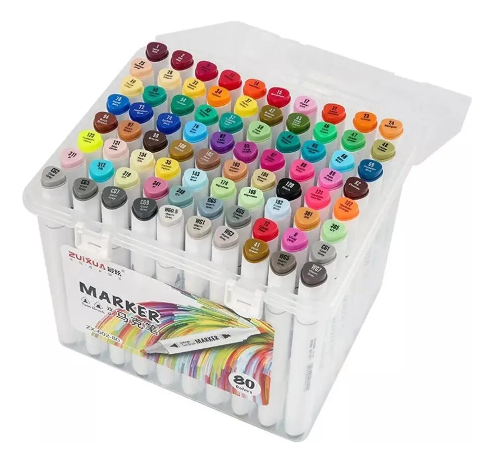 Conjunto de 80 marcadores de ponta dupla com estojo de cores de marcadores