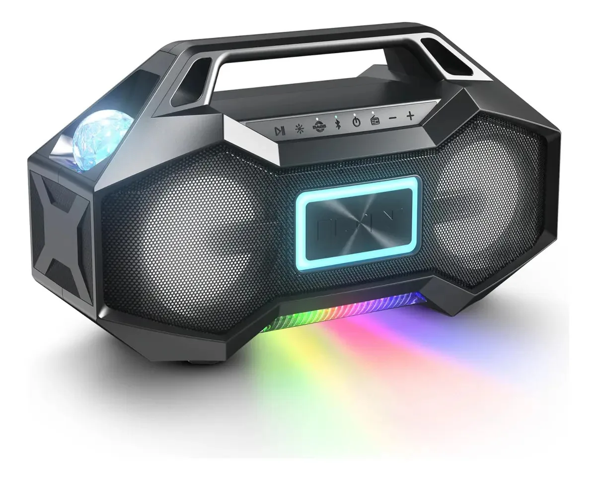Ion Party Rocker Go - Alto-falante Bluetooth portátil Boombox com luzes de festa, bateria, alto-falantes de 3,5 polegadas, rádio FM, porta de carregamento USB, aplicativo, resistente à água, 60 W