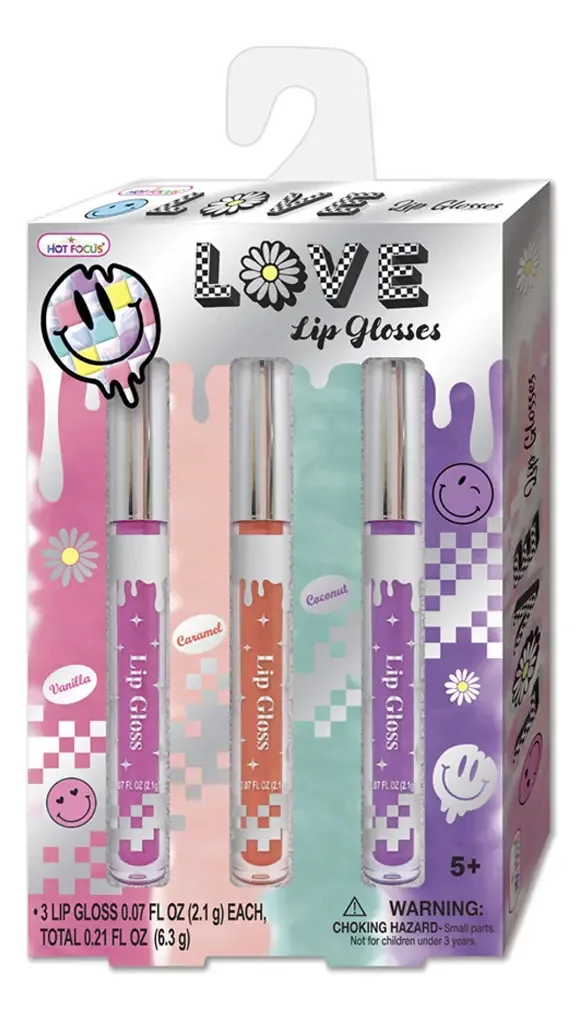 Kit de beleza para meninas com 3 brilhos labiais perfumados