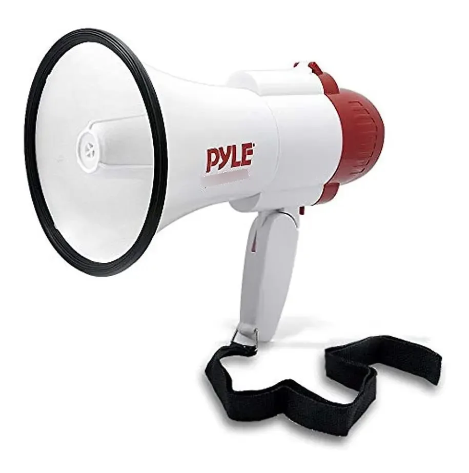 Alto-falante megafone compacto portátil e portátil Pyle com sirene de alarme integrada, volume ajustável e trocador de voz, operado por bateria, inclui alça portátil, uso interno e externo