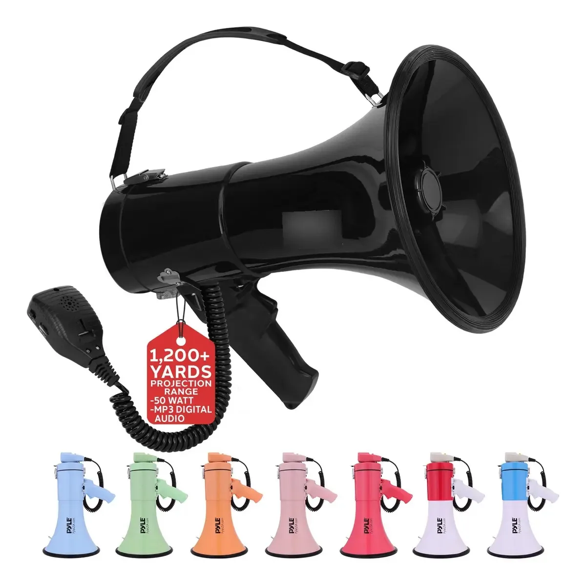Alto-falante megafone Pyle 50W, portátil, sirene automática. Cor Preto