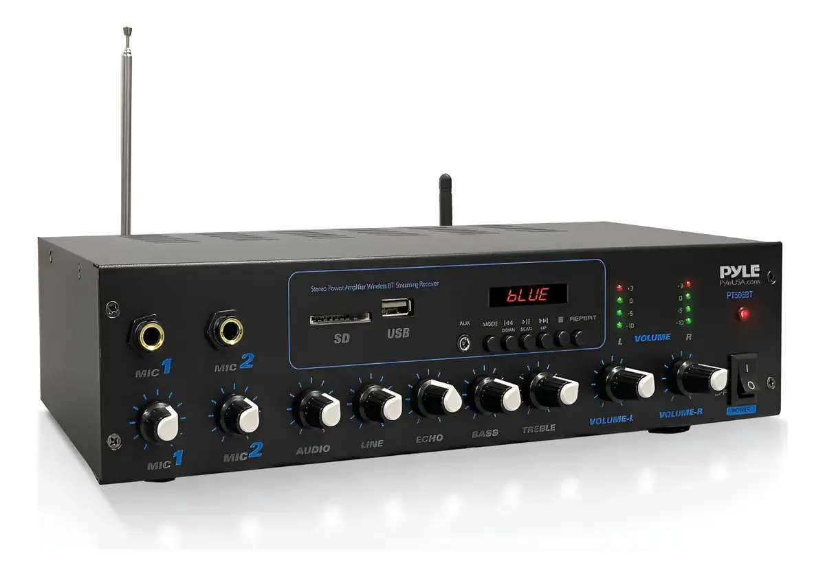 Amplificador Pyle com Bluetooth, dois microfones, 600 watts e 600 W