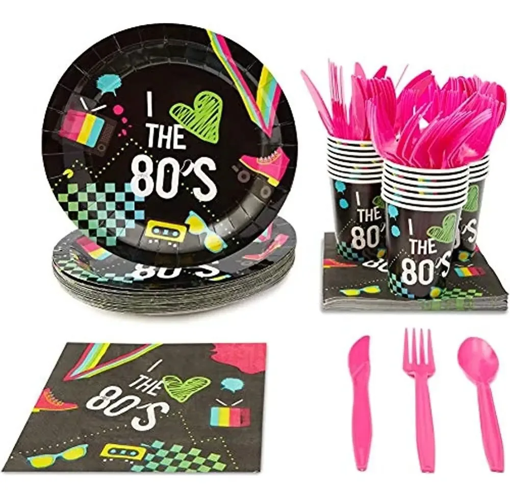 Pacote de festa Blue Panda 80s, incluindo pratos, guardanapos, copos e talheres (24 convidados, 144 peças)