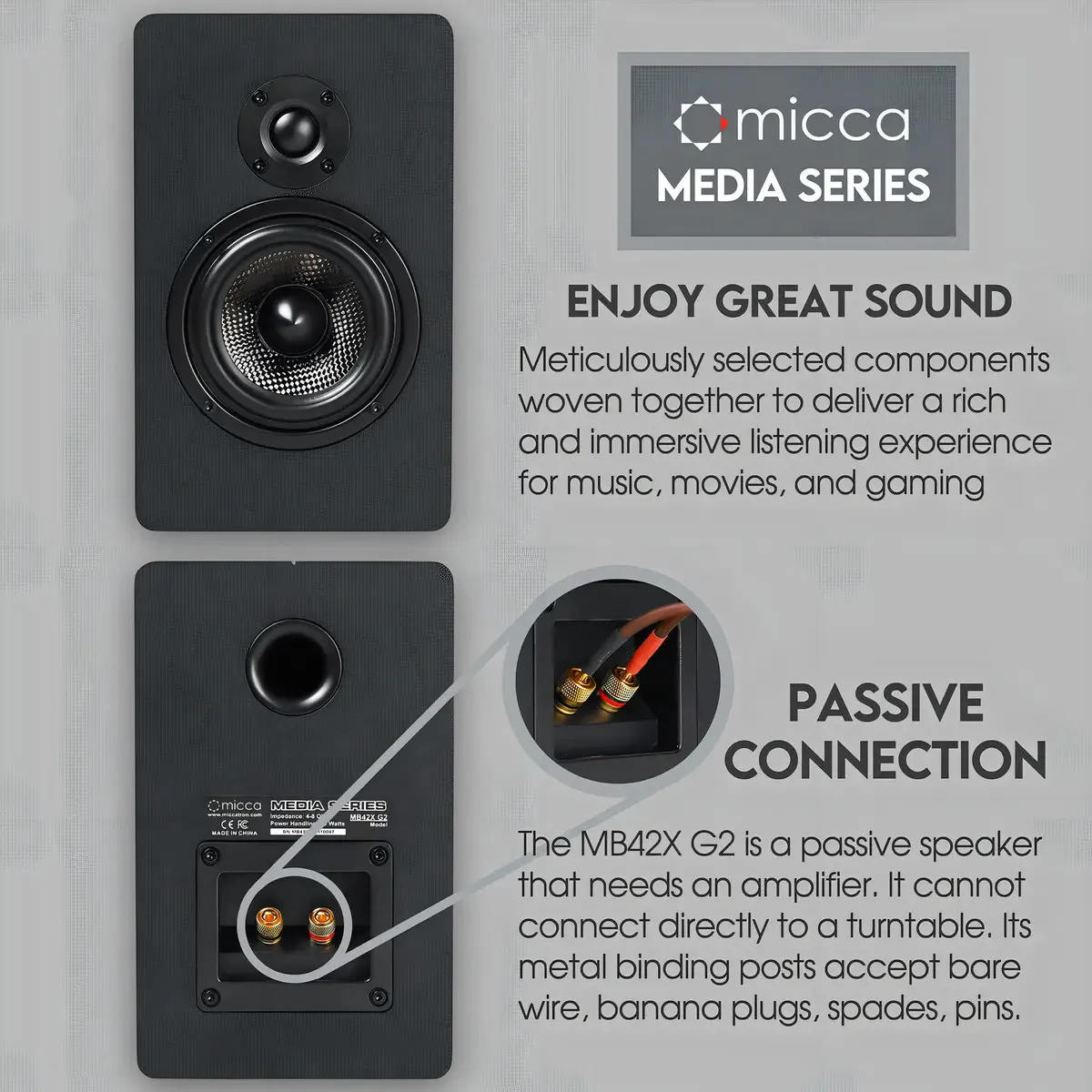 Micca MB42x G2 - Alto-falantes passivos de estante para home theater, som surround estéreo e monitor passivo de campo próximo, bidirecionais (pretos, pares)