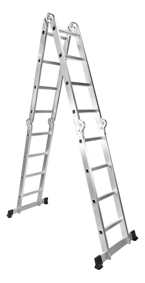 Escadas de alumínio de 16 degraus, multifuncionais, dobráveis, reforçadas, prateadas, fechadura de segurança antiderrapante articulada, resistente e protegida na caixa
