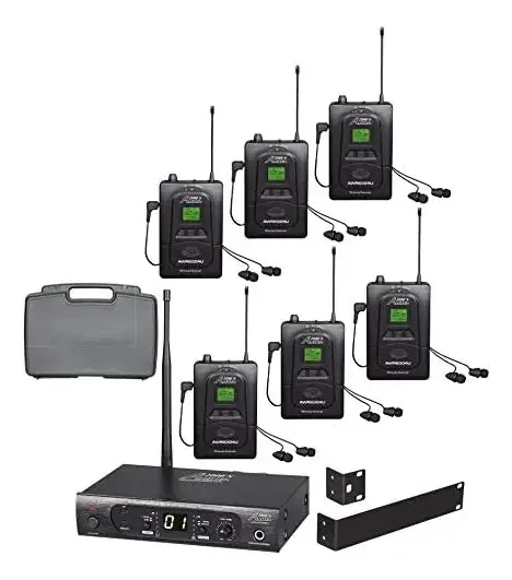 Sistema de monitor sem fio UHF 100 Audio2000's Awm630bu de frequência selecionável com seis receptores sem fio e um estojo de transporte de PVC