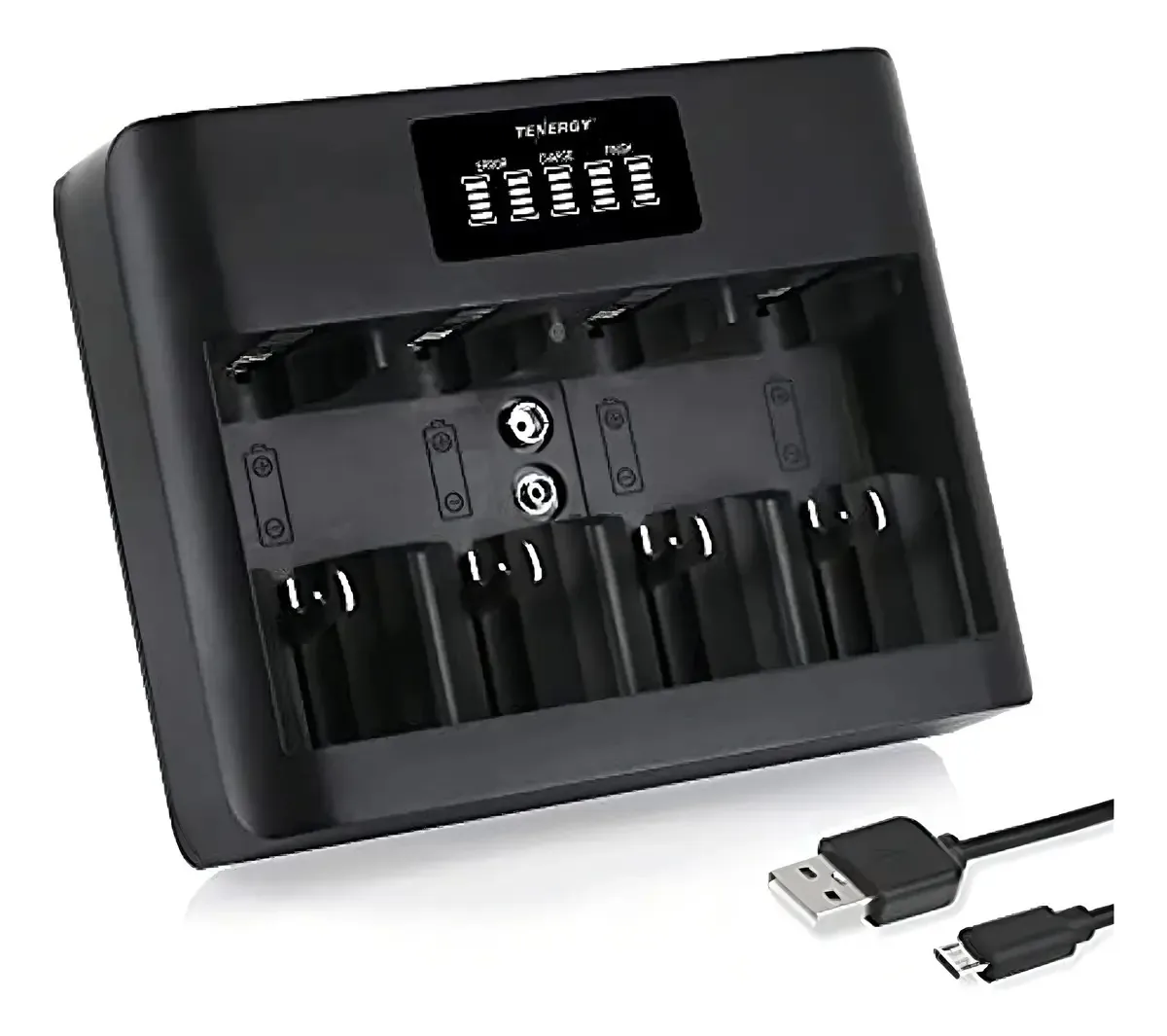 Tenergy Tn486u Carregador Universal de Bateria de 5 Baias com LCD, Entrada Micro USB/tipo C, para Baterias Recarregáveis AA, AAA, C, D e 9 V