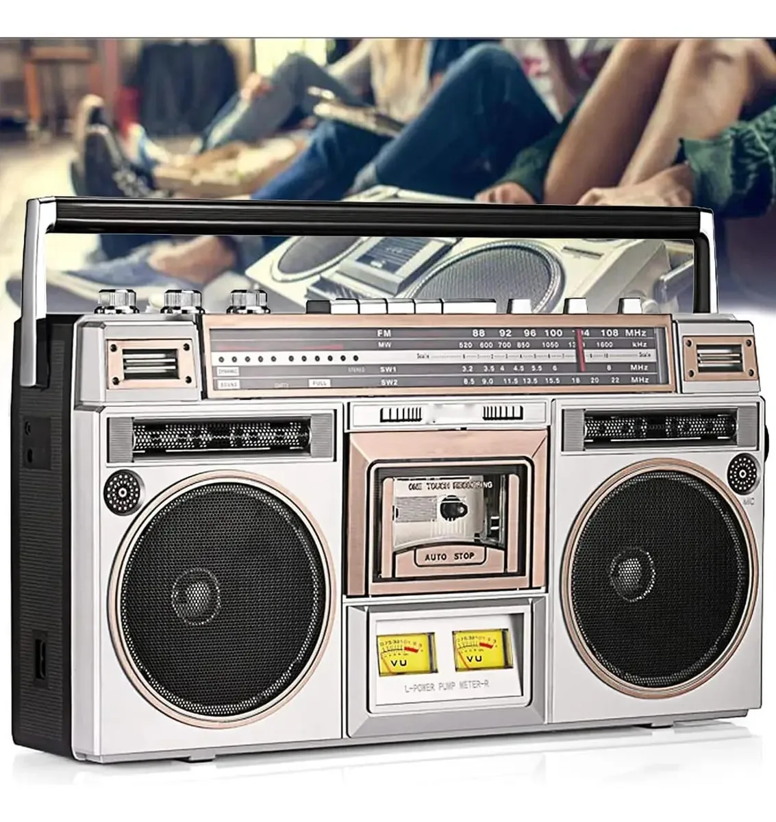 Boombox Bluetooth Retro, caixa de cassetes, rádio AM/FM, alto-falantes estéreo embutidos, ampla compatibilidade com Bluetooth, converte cassetes em USB/SD