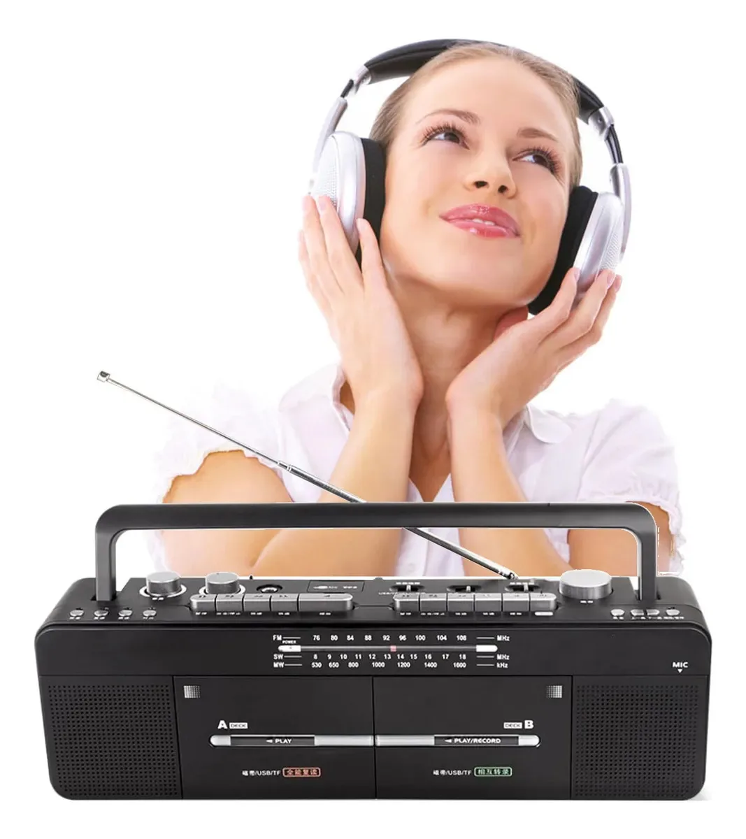 Cassete Boombox Black, toca-fitas de estilo clássico, toca-fitas duplas, toca-fitas, gravador de cassetes, rádio com display LCD digital, rádio FM/Sw/WM, disco