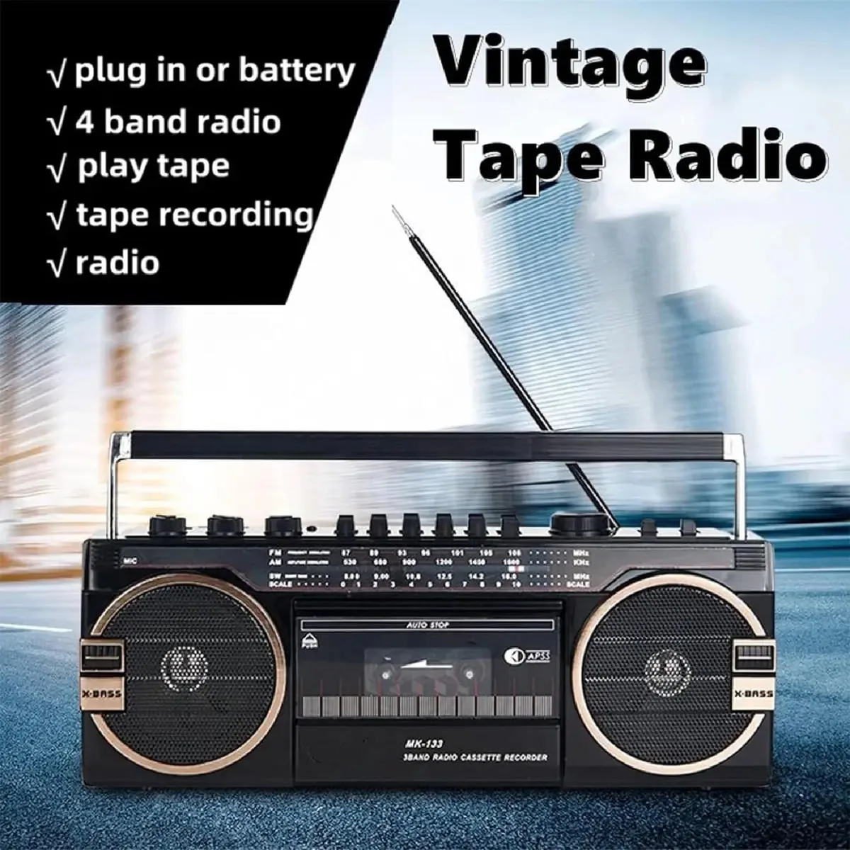 Miboce Rádio Portátil de Cassete, Boombox Retro Estilo Clássico dos Anos 80, Compatível com Reprodutor de MP3 USB/TF/Bluetooth, para Viagens e Reuniões Familiares