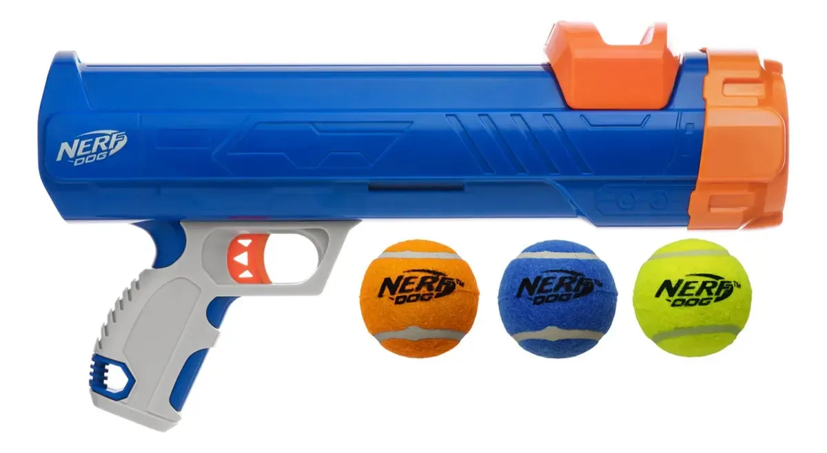 Lançador de bolas Nerf Pet Dog para cães com 3 bolas azuis