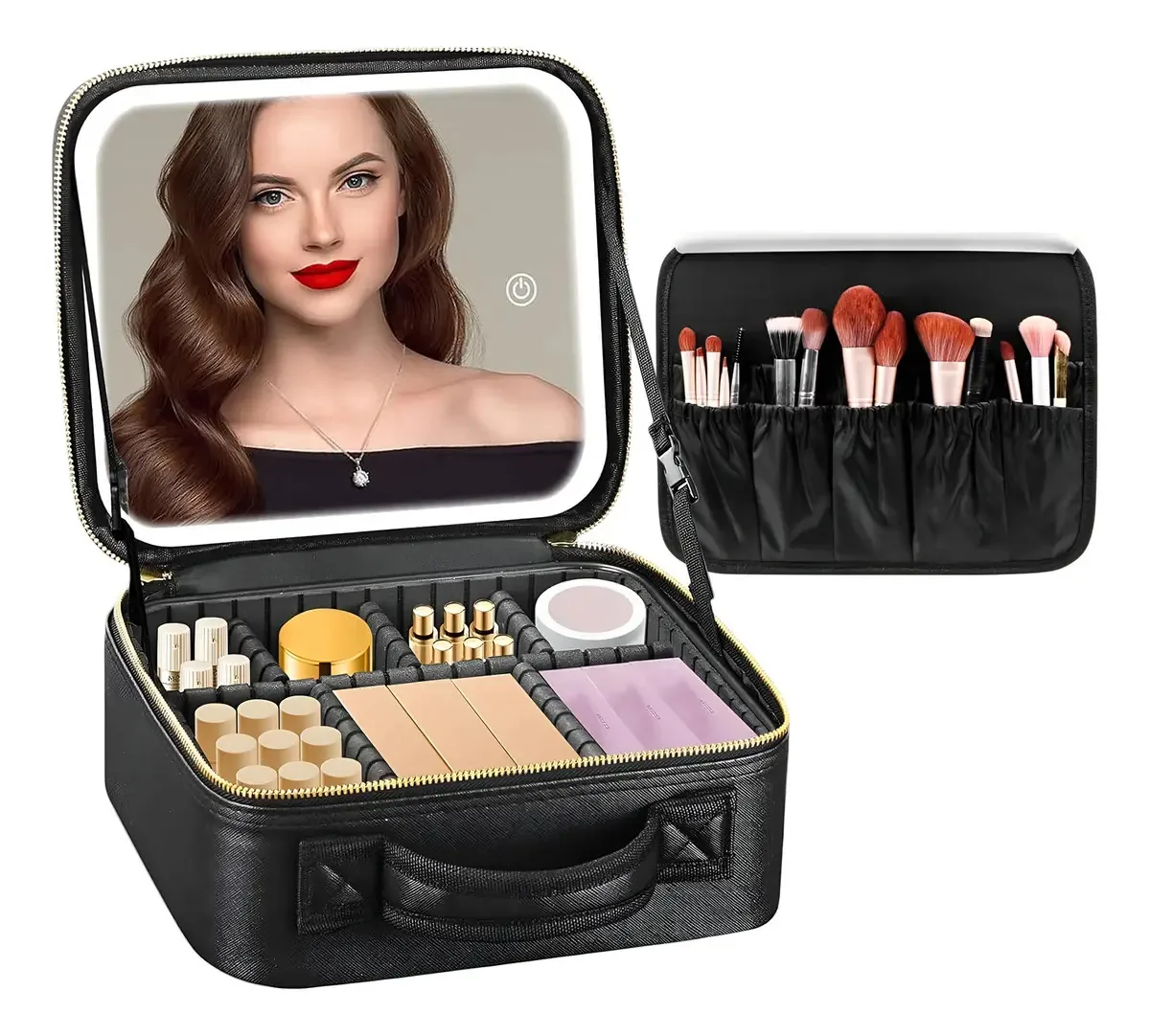 Bolsa de maquiagem cosmética, grande mala de maquiagem portátil, mala de maquiagem para viagem, bolsa de higiene, estojo de maquiagem com espelho LED