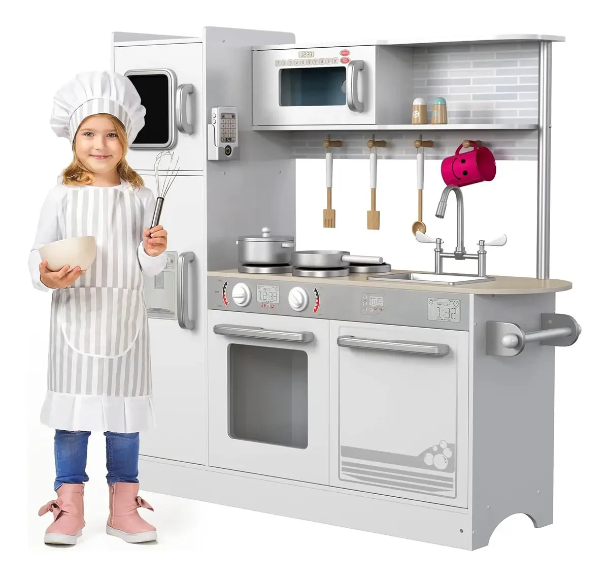 Cozinha de brinquedo de madeira com acessórios e eletrodomésticos