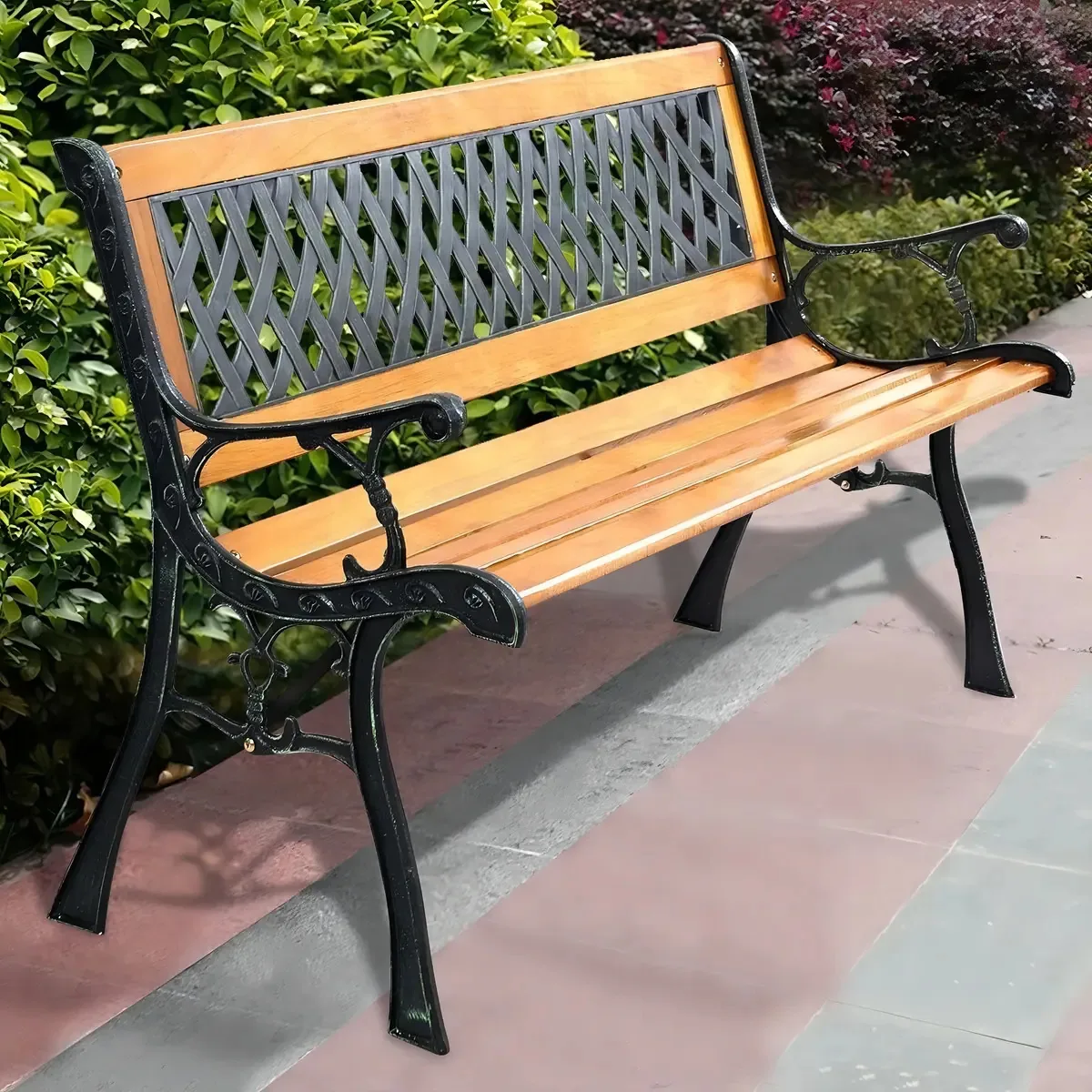 Banco de metal ao ar livre, jardim interno, varanda, terraço, cor preta