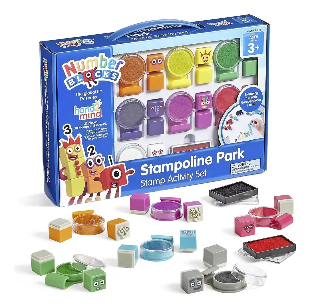 Conjunto de atividades Hand2mind Numberblocks Stampoline Park, tinta lavável, carimbos reutilizáveis, brinquedos com blocos numéricos, conjunto de carimbos para crianças (20 carimbos e 12 almofadas...