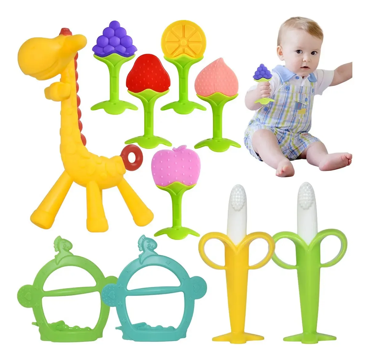 10 mordedores de silicone para brinquedos de dentição de bebês