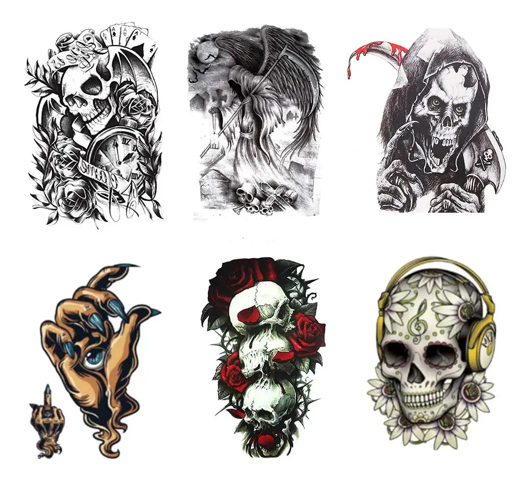 Tatuagens temporárias de caveira e rosa, Grande corpo falso,. Cor: Rosa