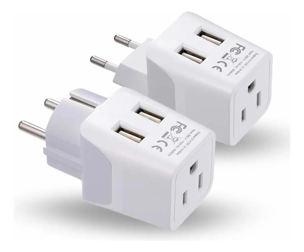 Kit Adaptadores Ceptics de Tomada Europeia para EUA com 2 Portas USB