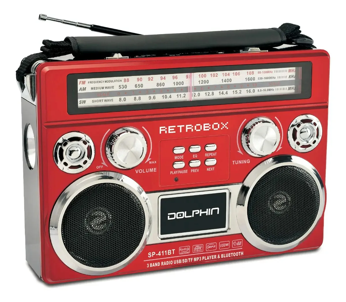 Rádio AM/FM portátil Dolphin Bluetooth Retrobox (vermelho)
