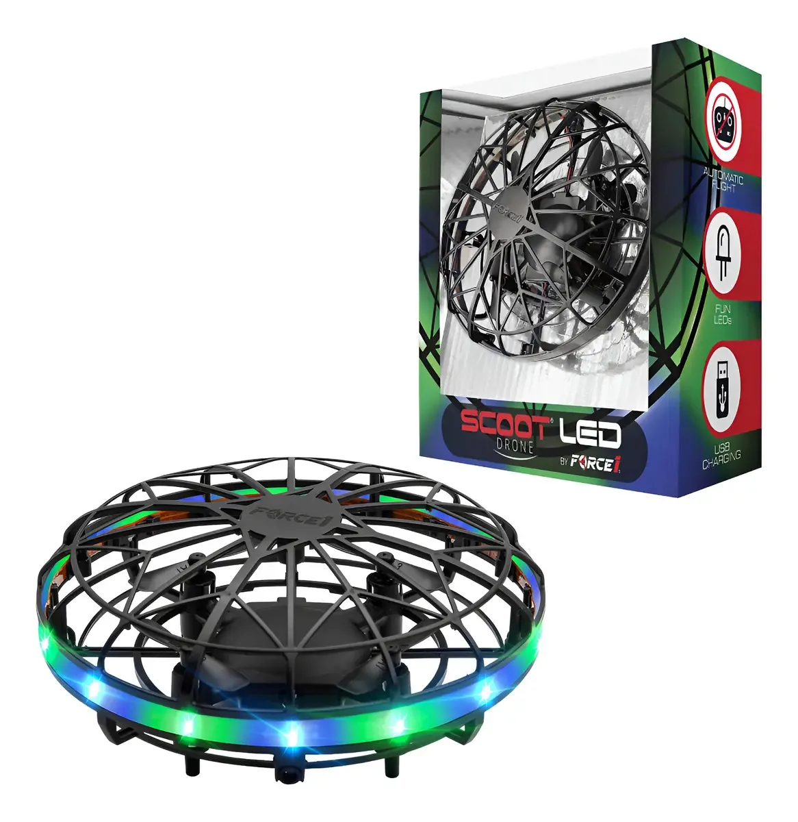 Drone LED operado manualmente Force1 Scoot para crianças ou adultos LED preto verde/azul