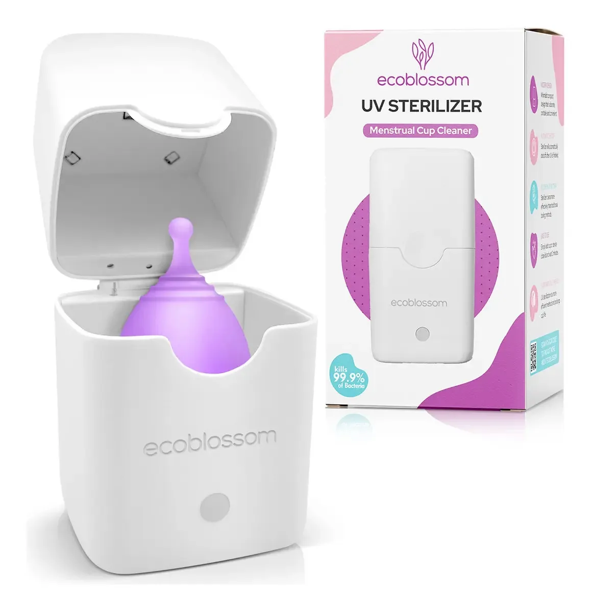 Ecoblossom Esterilizador de Copo Menstrual Limpador de Copo Menstrual Moderno Sem Aroma Lavagem UV Automática de 2 Minutos Suporte para Disco Pequeno Macio e Grande Elimina os Raios UV