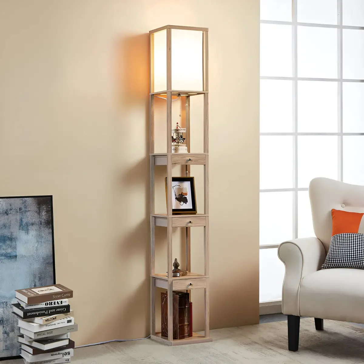 Luminária de chão Atamin com gavetas de armazenamento - Luminária