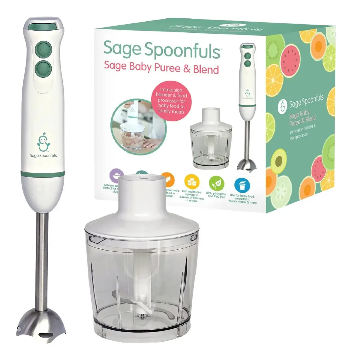 Sage Spoonfuls Máquina de Alimentos para Bebés, Processador e Liquidificador de Imersão com Acessórios de Aço Inoxidável Aptos para Lava-louças2, Desmame Led para Bebés, Branco, Ss17519b, 1.0 Pounds
