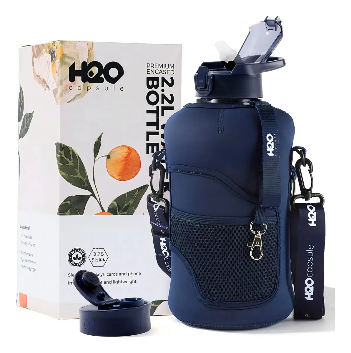 H2o Capsule Garrafa de Água de Meio Galão de 2.2 L com Capa de Armazenamento e Canudo Removível, Recipiente Grande Reutilizável Sem BPA com Alça, Jarro Esportivo Grande, 2.2 Litros (74 Onças)