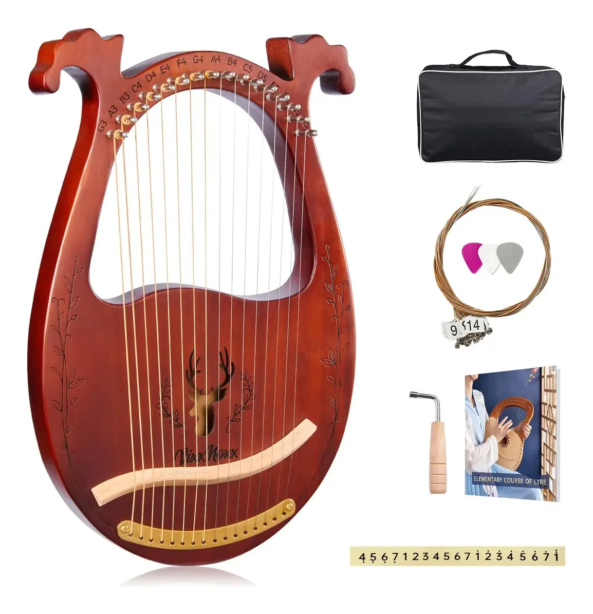 Harpa Vixxnoxx Lyre, kit de harpa de lira de mogno de 16 xícaras