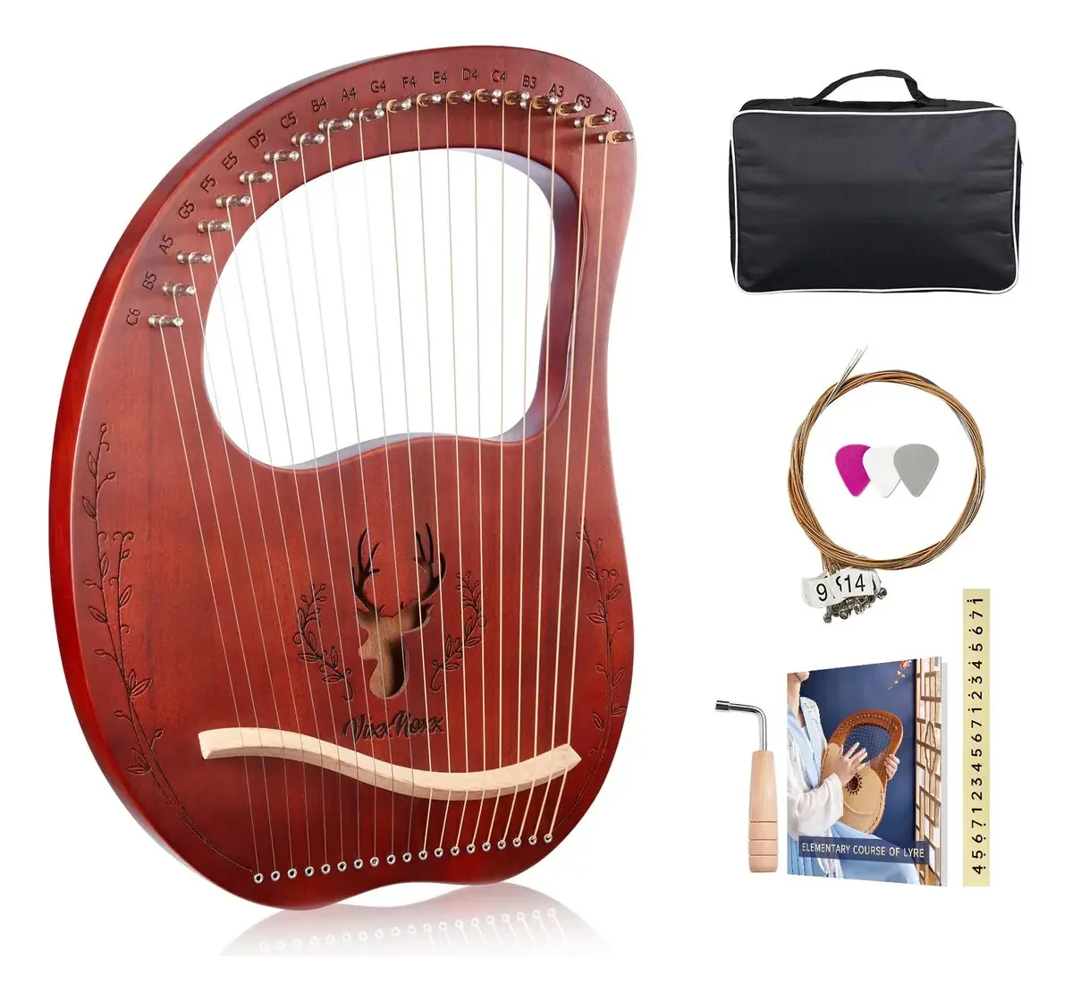 Harpa Vixxnoxx Lyre, kit de harpa de lira de mogno de 19 xícara