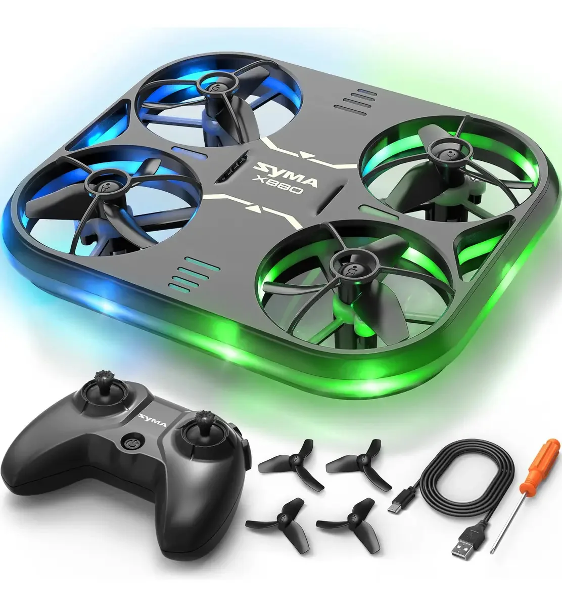 Mini helicóptero drone Syma X880 com luzes LED para crianças e na cor preta